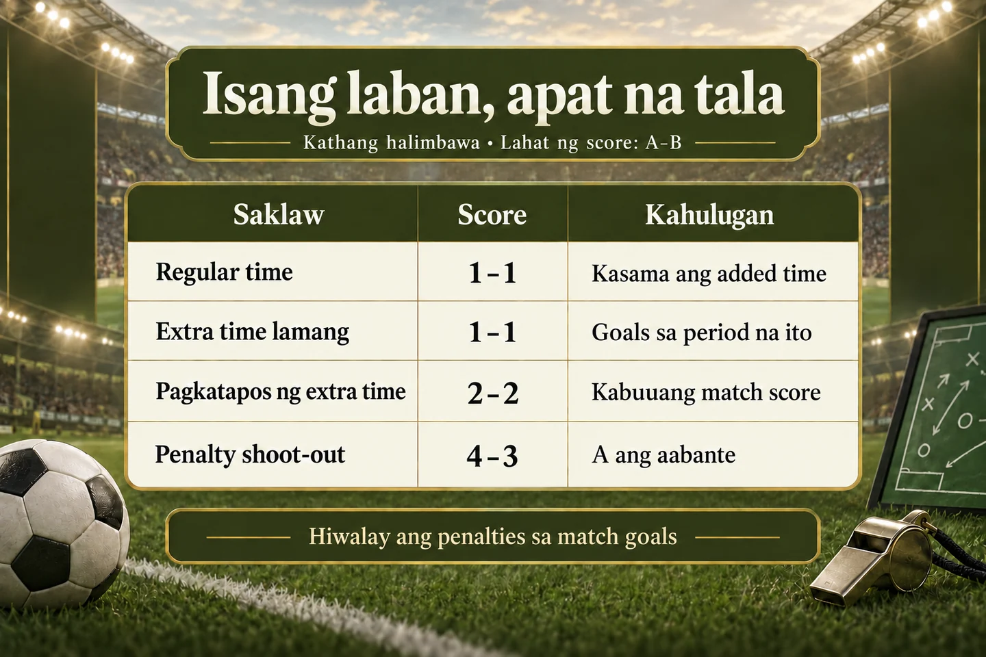 Fictitious ledger: regular time 1–1, extra time only 1–1, after extra time 2–2 and shoot-out 4–3 for A.