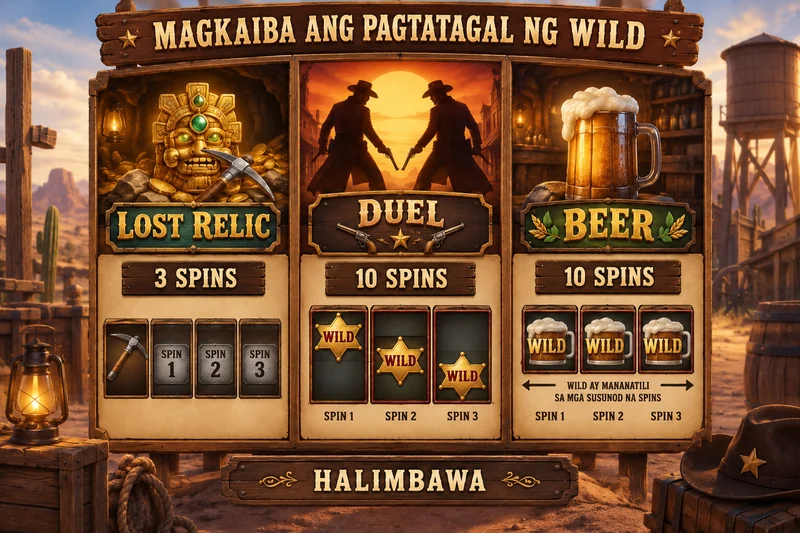 Explanation hypothetical record: Wild West Duels. Beer, Duel and Lost Relic: different duration and Wild state. Not actual provider screenshot.