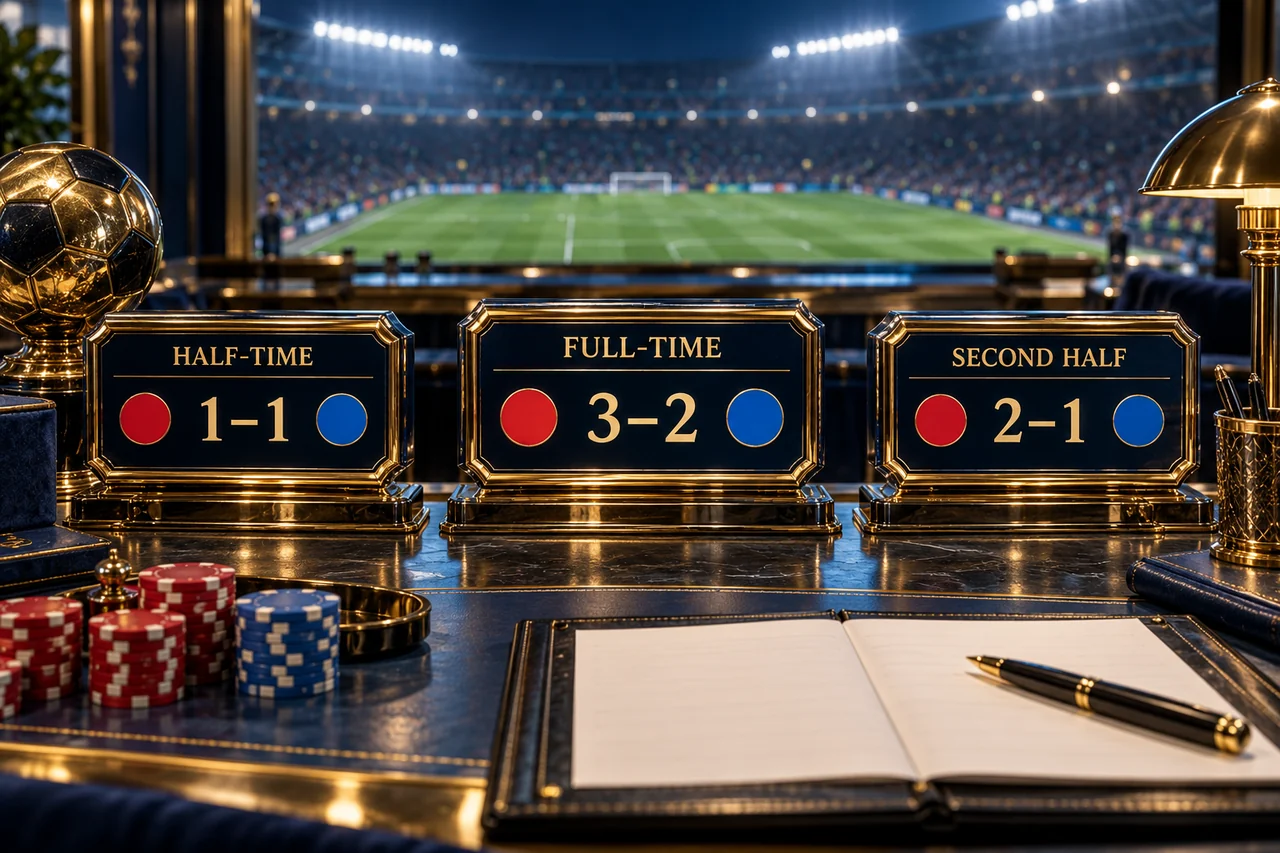 Detailed sportsbook displays compare Red and Blue scores at half-time one-one, full-time three-two and second-half two-one.