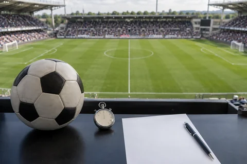 Football, field, stopwatch and blank match record sheet.