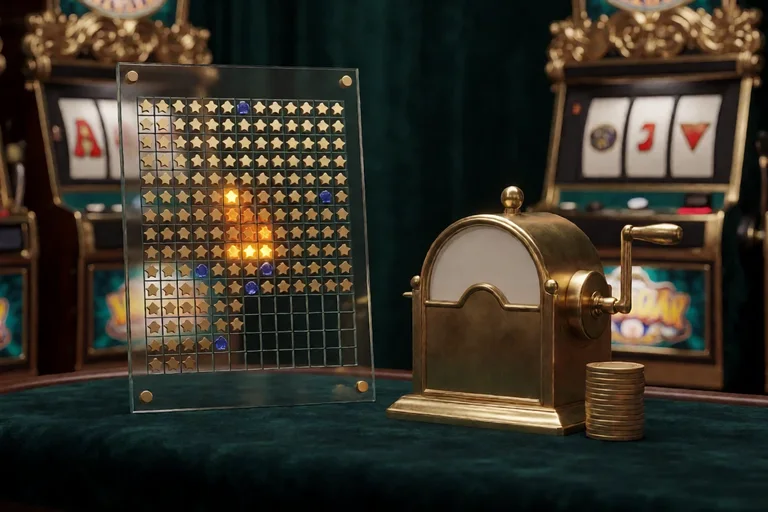 Glass tally board with a grid of gold star tokens, a few lit amber cells and sapphire gems, beside a brass hand-cranked counter on a green velvet table