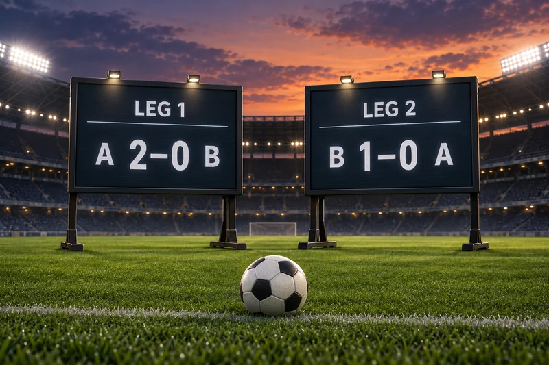 A football beside two fictional leg scoreboards, A 2–0 B and B 1–0 A.
